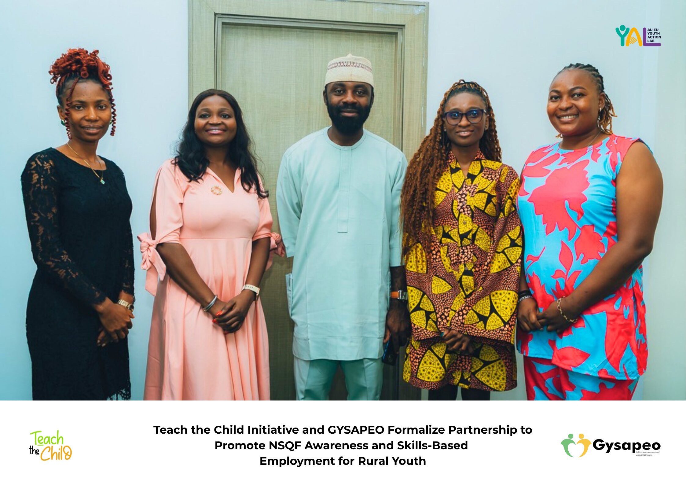 Representatives of Teach The Child and GYSAPEO posing for a photograph after discussing partnership